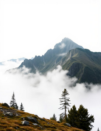 Mountain landscape with coniferous forest and high peaks in clouds