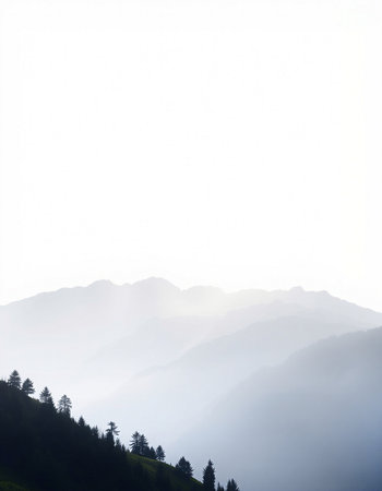 Mountain landscape with fog in the morning. Caucasus Mountains, Georgia.