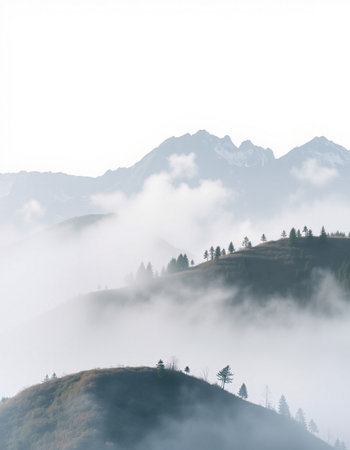 Foggy morning in the Dolomites mountains, Italy.の写真素材