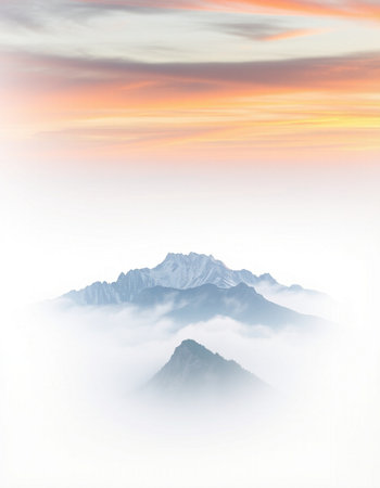 Mountains in the mist at sunrise. Landscape with mountains.