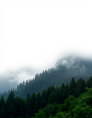 Mountains with fog and coniferous forest on a cloudy day