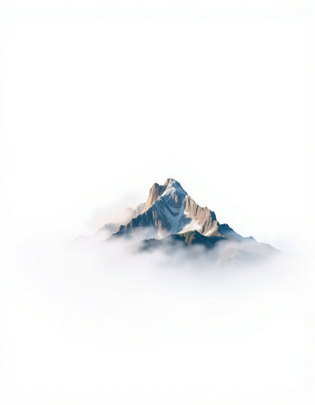 Mountain peak in the clouds isolated on white background with clipping pathの写真素材