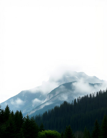 Mountain landscape with fog in the foreground and forest in the background