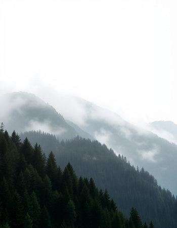 Foggy mountain landscape with coniferous forest in the foreground