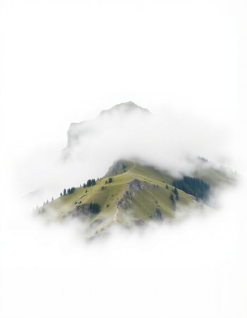 Mountain in the clouds. Isolated on a white background.の写真素材