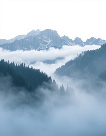 Mountain landscape with fog in the morning. Caucasus Mountains, Georgia.