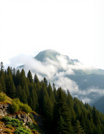 Mountain landscape with coniferous forest and fog in the morning