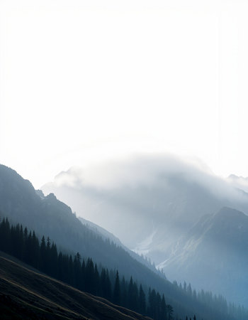 Mountain landscape with fog and mist in the morning. Caucasus, Russia