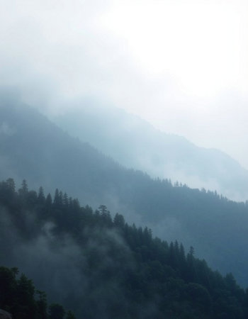Foggy and foggy mountain landscape in the Himalayas