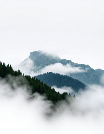 Mountain landscape with coniferous forest and fog in the morning