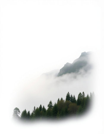 Foggy mountain landscape with pine trees on a foggy day