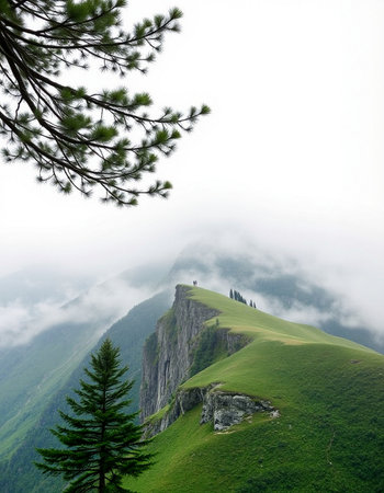 Mountain landscape with pine trees in a foggy day. Caucasus, Russia