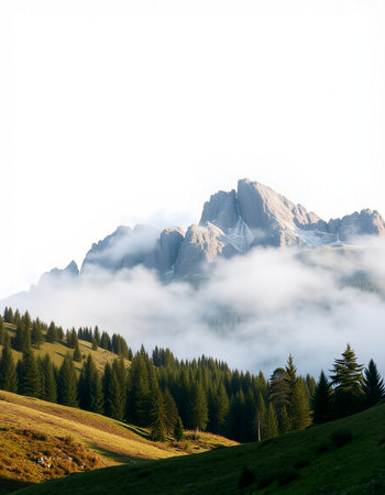 Mountain landscape with fog in the italian dolomitesの写真素材