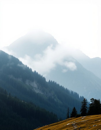 Mountain landscape with coniferous forest and fog in the morning