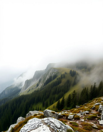 Landscape of Dolomites mountains with fog in summer, Italy