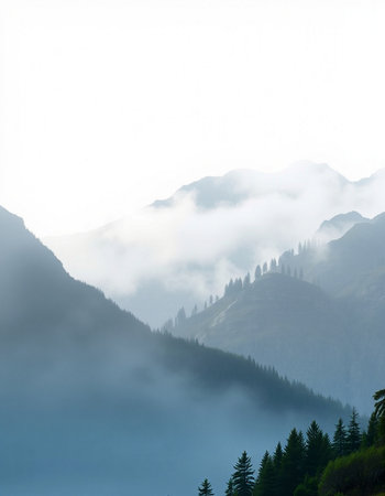 Foggy morning in the mountains with coniferous forest in the foregroundの写真素材
