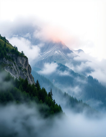Mountain landscape with fog and clouds.の写真素材