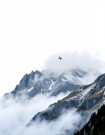 Alpine landscape with mountains, clouds and airplane in the sky.の写真素材