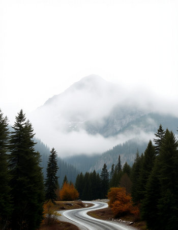 Foggy mountain road in the Canadian Rockies. Autumn season.
