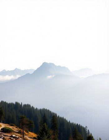 Mountain landscape with coniferous forest in the morning mist.の写真素材