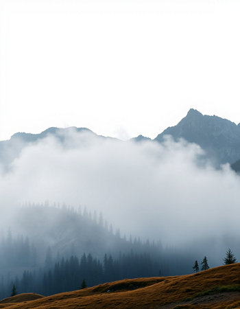 Foggy mountain landscape with fog in the italian alps