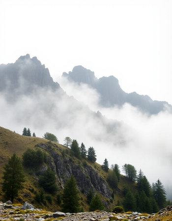 Landscape of Dolomites in Italy with fog and clouds.の写真素材