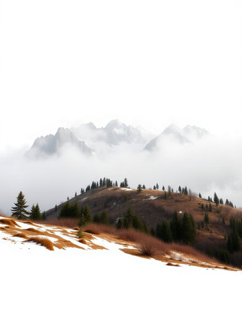 Mountain landscape with snow and fog.の写真素材