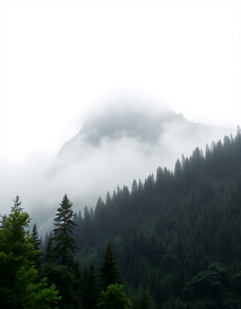 Mountain landscape with fog and coniferous forest in the foreground