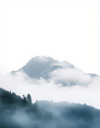 Mountain landscape with fog and clouds on a foggy day.の写真素材