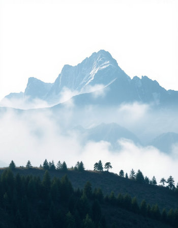 Mountain landscape with fog and coniferous forest in the foreground