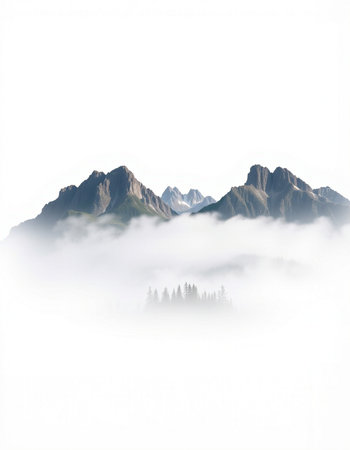 Mountains in the fog. Isolated on a white background.の写真素材