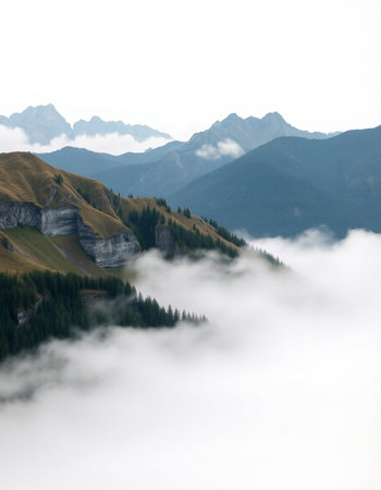 Mountain landscape with clouds and fog.