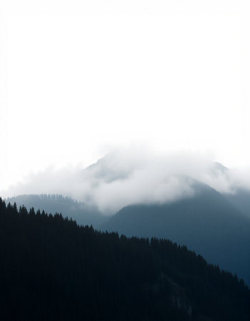 Silhouette of a mountain range with fog in the background.の写真素材