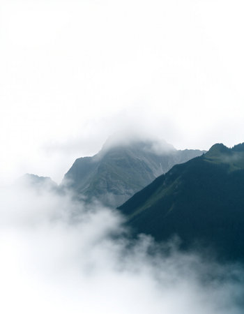 Mountain landscape with clouds and fog. Caucasus Mountains, Georgia.