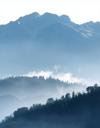 Beautiful mountain landscape in the morning mist. Caucasus Mountains, Georgia.の写真素材