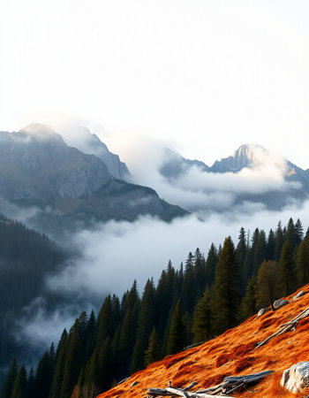 Foggy mountain landscape in the italian dolomites