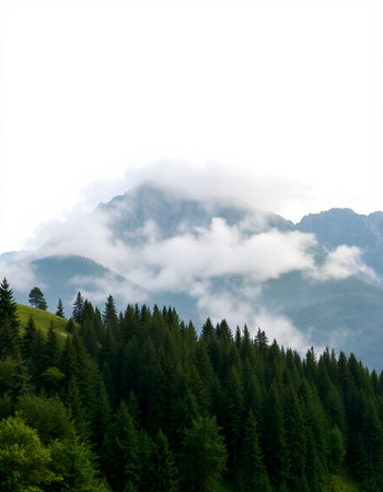 Mountain landscape with fog and clouds on a sunny summer day.の写真素材