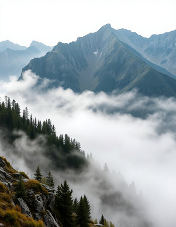 Mountain landscape with fog and coniferous forest in Caucasus mountainsの写真素材