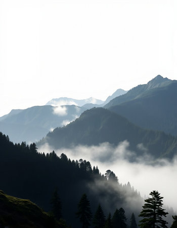 Mountain landscape with fog and coniferous forest in the morning