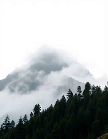 Foggy mountain landscape with coniferous forest in the foreground