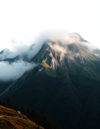 Alpine mountain landscape with foggy clouds at sunrise, Switzerland.の写真素材
