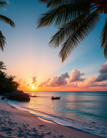 Beautiful tropical beach and sea with coconut palm tree at sunset time - Holiday Vacation conceptの写真素材