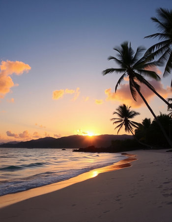 Sunset on the beach of Anse Lazio, Praslin, Seychelles