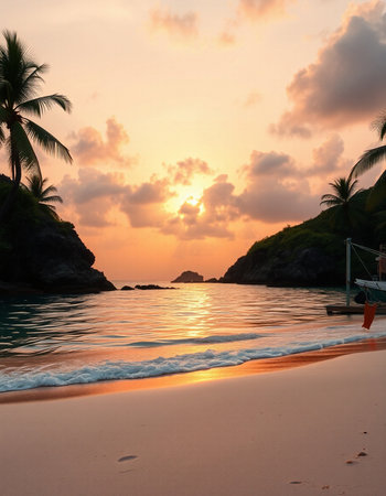 Tropical beach with palm trees at sunset, Seychelles