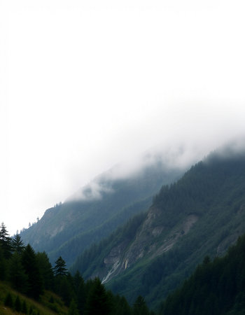 Mountain landscape with fog and clouds. Caucasus, Dombay.の写真素材
