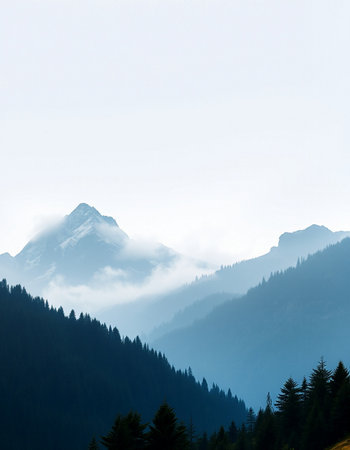 Mountains and forest in the fog. Caucasus, Dombay.