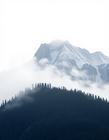 Mountain landscape with fog in the foreground and snow covered peaks in the background