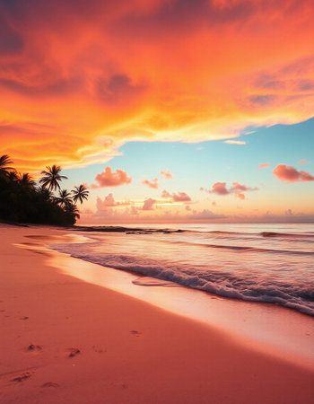 Tropical beach with palm trees at beautiful sunset, Sri Lanka