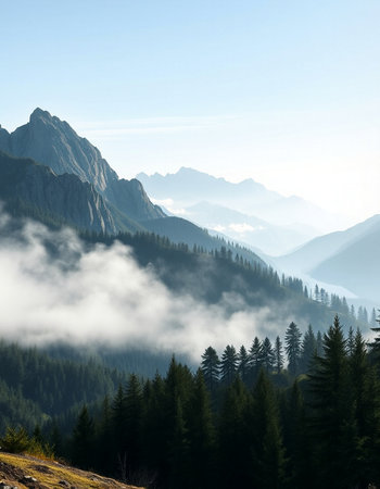 Mountain landscape with fog and coniferous forest on the slopeの写真素材
