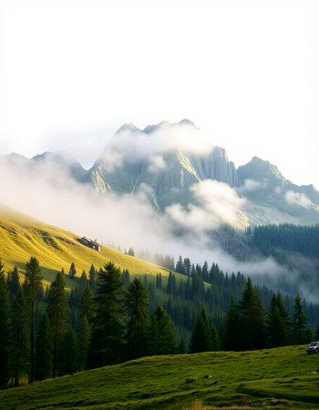 Mountain landscape in the Italian Dolomites with foggy clouds